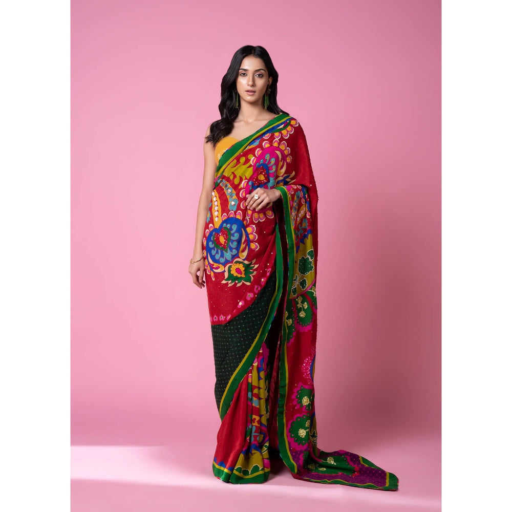 Siddhartha Bansal Royal Printed Salsa Red Embroidered Saree with Stitched Blouse