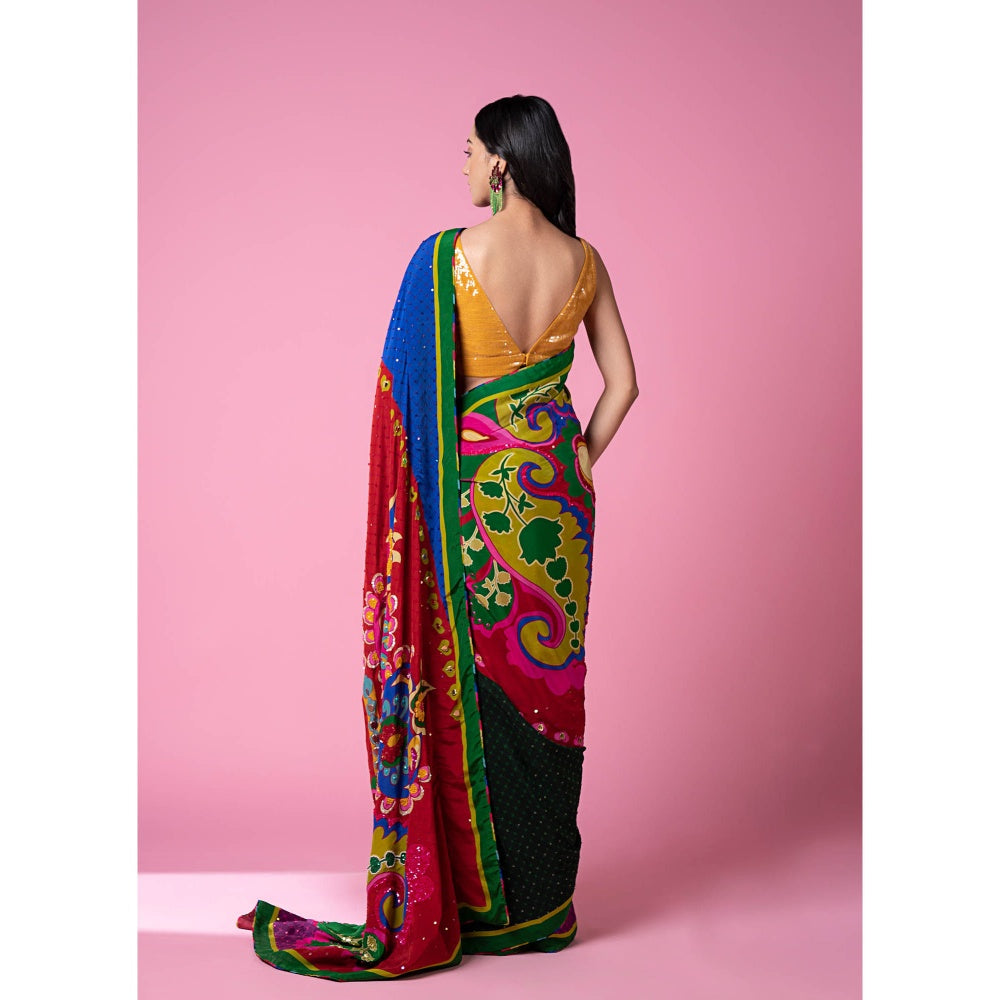 Siddhartha Bansal Royal Printed Salsa Red Embroidered Saree with Stitched Blouse