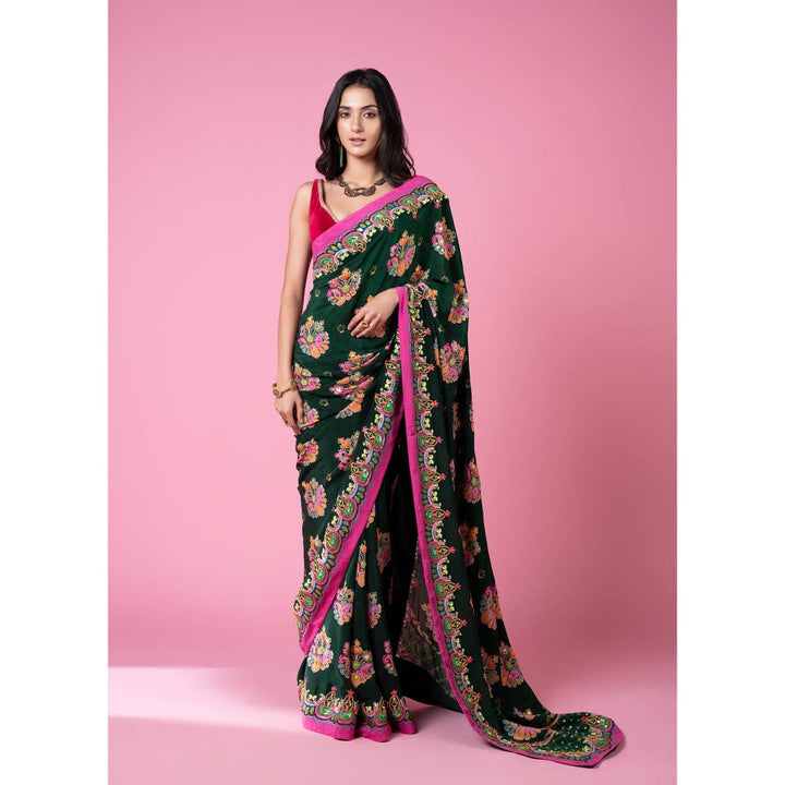 Siddhartha Bansal Emerald Sea Green Royal Printed Embroidered Saree with Stitched Blouse