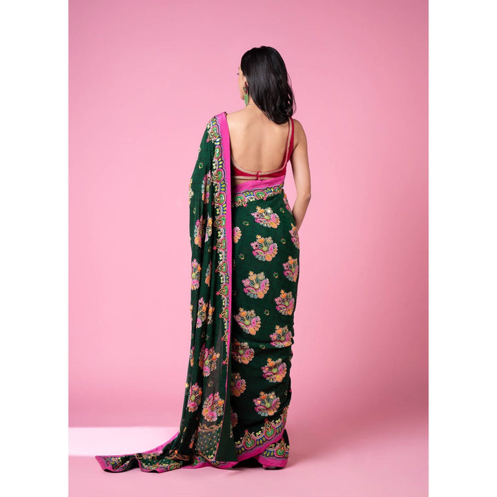 Siddhartha Bansal Emerald Sea Green Royal Printed Embroidered Saree with Stitched Blouse