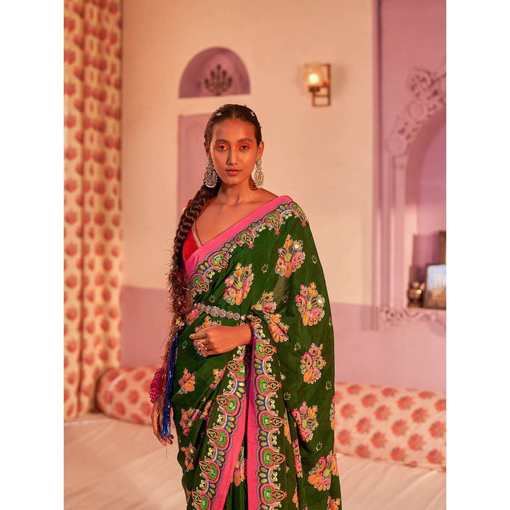 Siddhartha Bansal Emerald Sea Green Royal Printed Embroidered Saree with Stitched Blouse