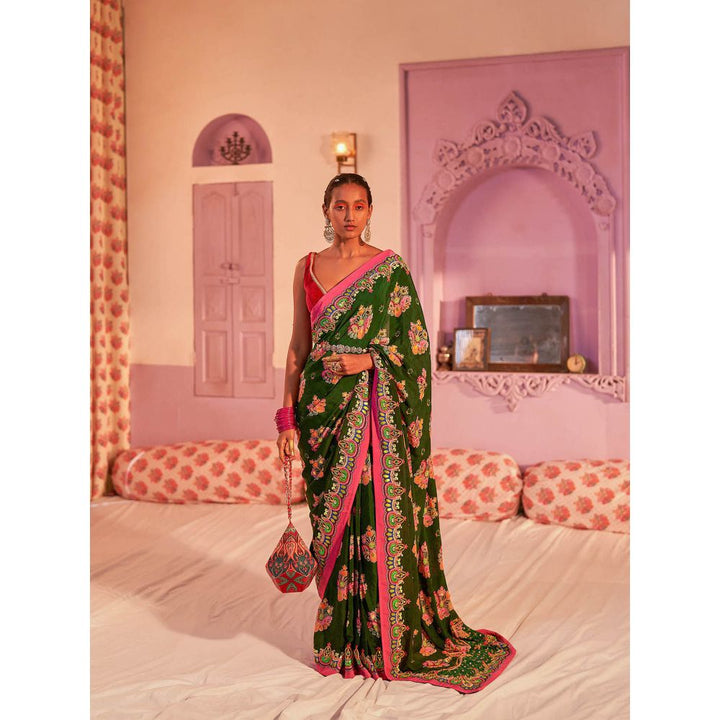 Siddhartha Bansal Emerald Sea Green Royal Printed Embroidered Saree with Stitched Blouse