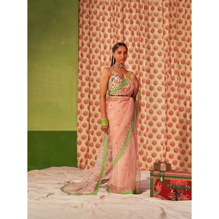 Siddhartha Bansal Powder Pink Silk Organza Embroidered Saree with Stitched Blouse