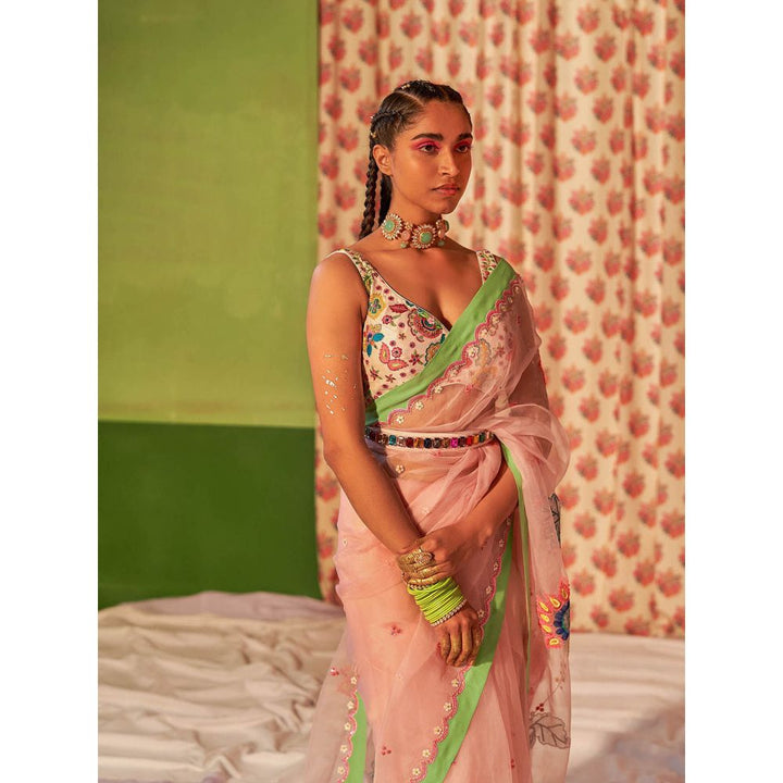 Siddhartha Bansal Powder Pink Silk Organza Embroidered Saree with Stitched Blouse