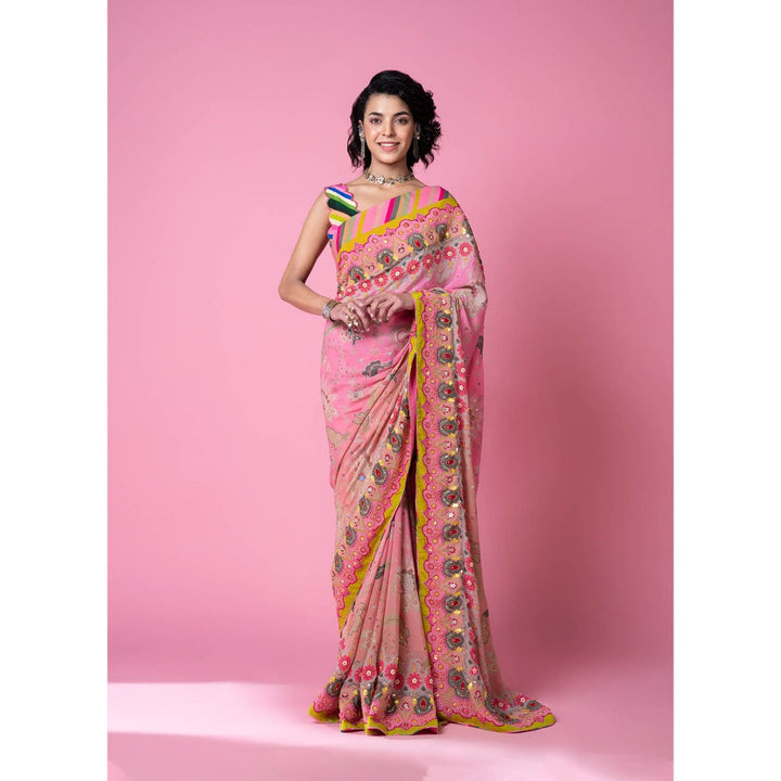 Siddhartha Bansal Twilight Pink floral Print Embroidered Saree with Stitched Blouse