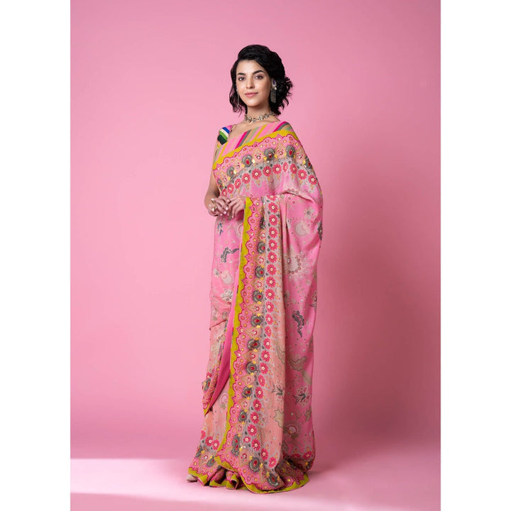 Siddhartha Bansal Twilight Pink floral Print Embroidered Saree with Stitched Blouse