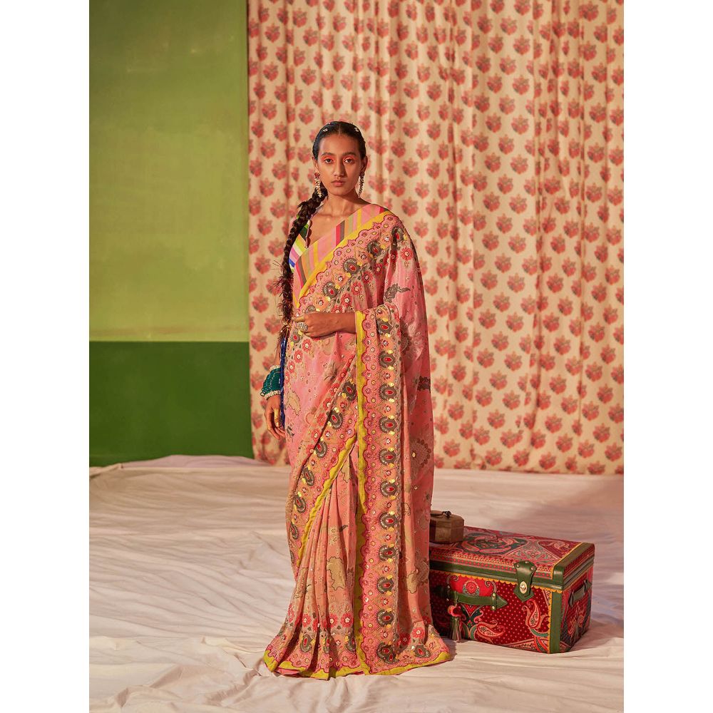 Siddhartha Bansal Twilight Pink floral Print Embroidered Saree with Stitched Blouse