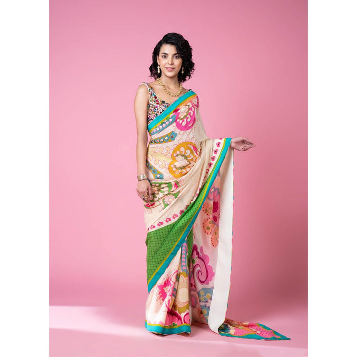 Siddhartha Bansal Sky Ivory Royal Printed Embroidered Saree with Stitched Blouse