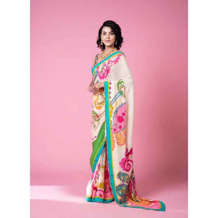 Siddhartha Bansal Sky Ivory Royal Printed Embroidered Saree with Stitched Blouse