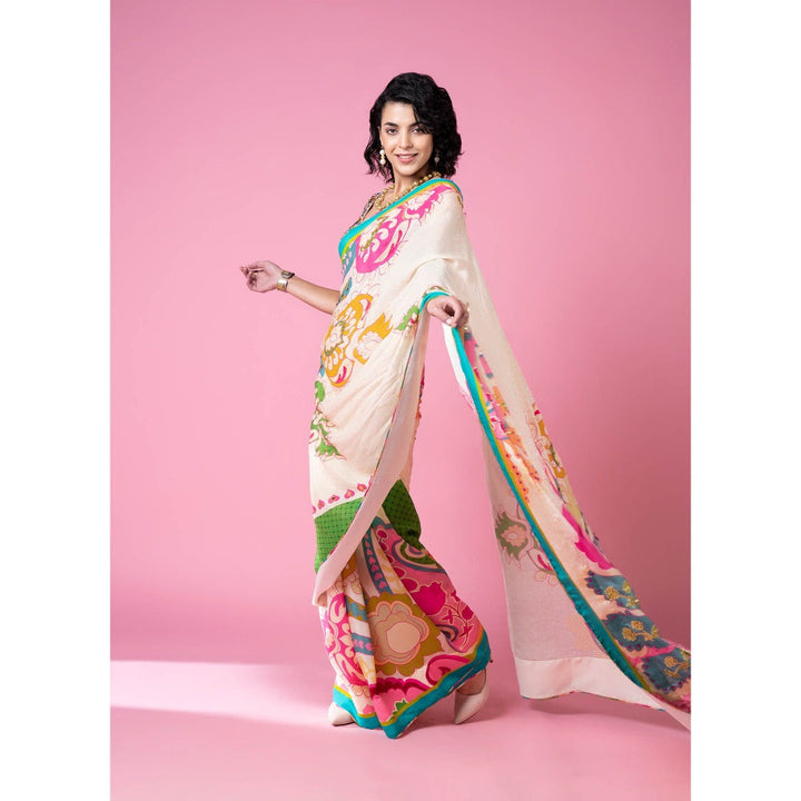 Siddhartha Bansal Sky Ivory Royal Printed Embroidered Saree with Stitched Blouse