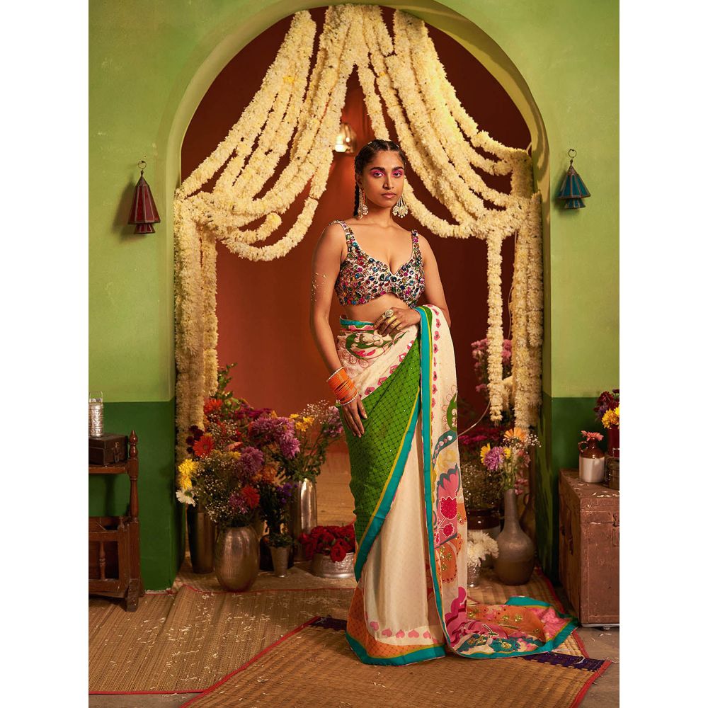 Siddhartha Bansal Sky Ivory Royal Printed Embroidered Saree with Stitched Blouse