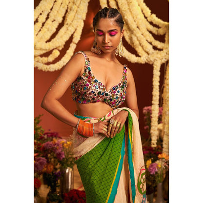 Siddhartha Bansal Sky Ivory Royal Printed Embroidered Saree with Stitched Blouse