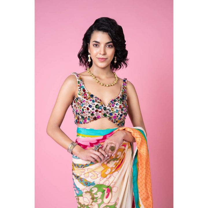 Siddhartha Bansal Sky Ivory Royal Printed Embroidered Saree with Stitched Blouse