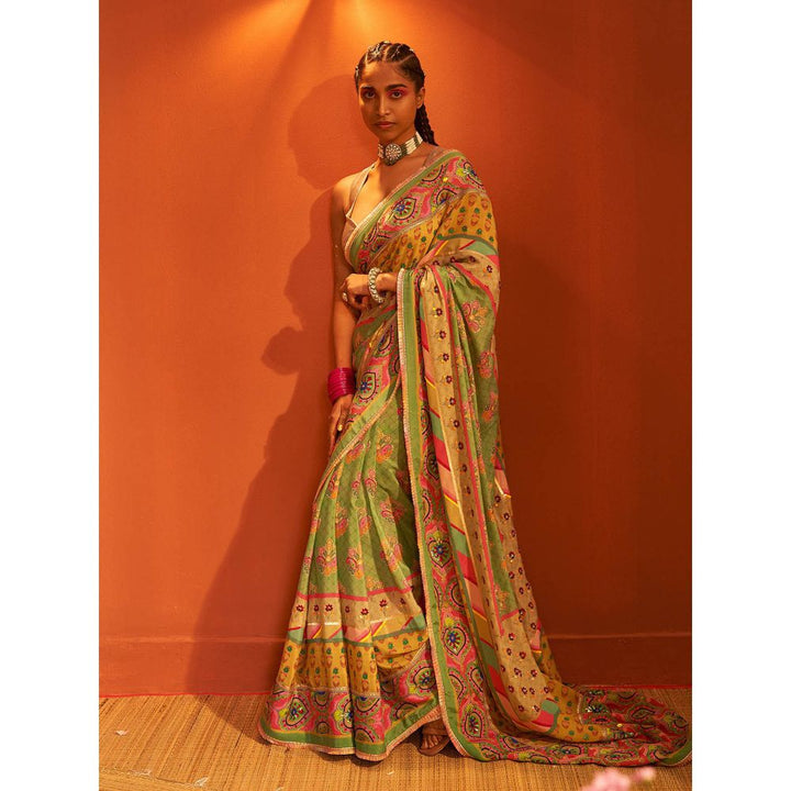 Siddhartha Bansal Sage Green Printed Multi Border Embroidered Saree with Stitched Blouse