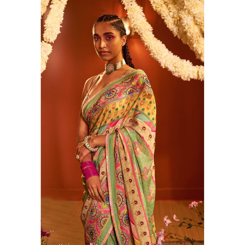 Siddhartha Bansal Sage Green Printed Multi Border Embroidered Saree with Stitched Blouse