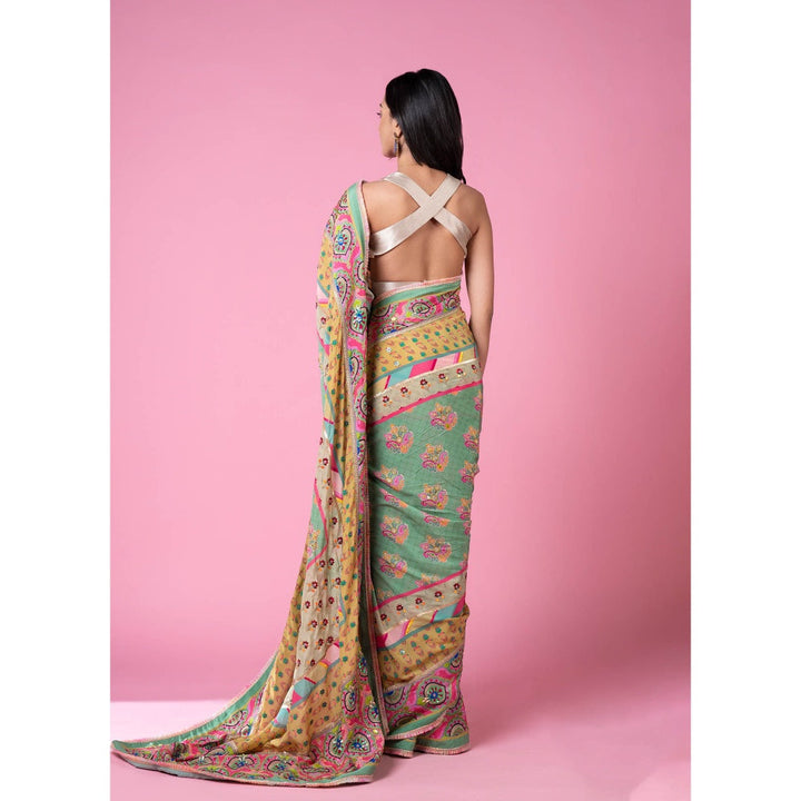 Siddhartha Bansal Sage Green Printed Multi Border Embroidered Saree with Stitched Blouse