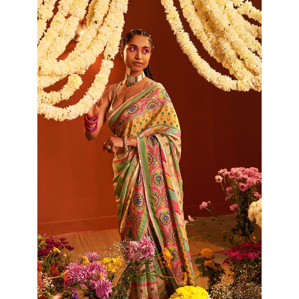 Siddhartha Bansal Sage Green Printed Multi Border Embroidered Saree with Stitched Blouse