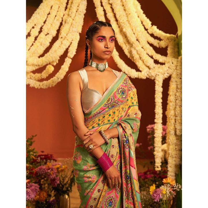 Siddhartha Bansal Sage Green Printed Multi Border Embroidered Saree with Stitched Blouse