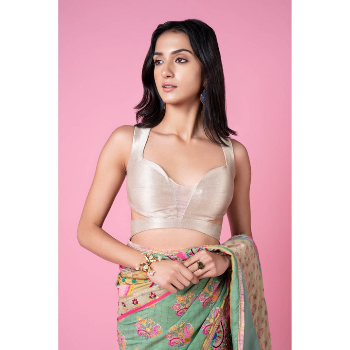 Siddhartha Bansal Sage Green Printed Multi Border Embroidered Saree with Stitched Blouse