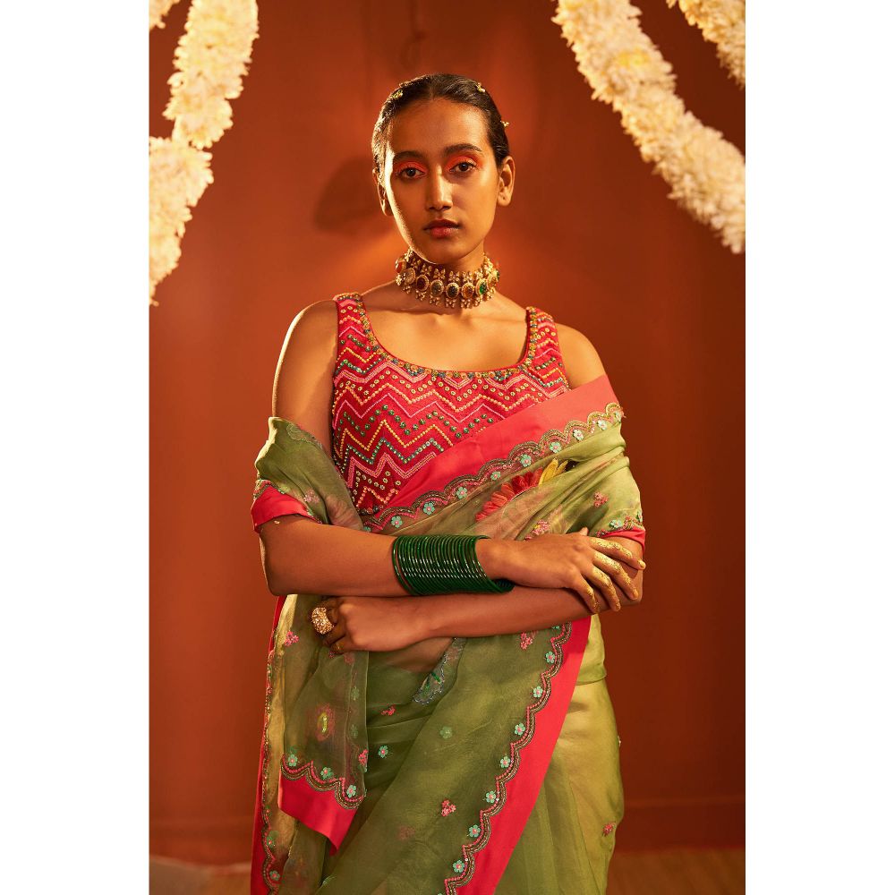 Siddhartha Bansal Sage Green Silk Organza Embroidered Saree with Stitched Blouse