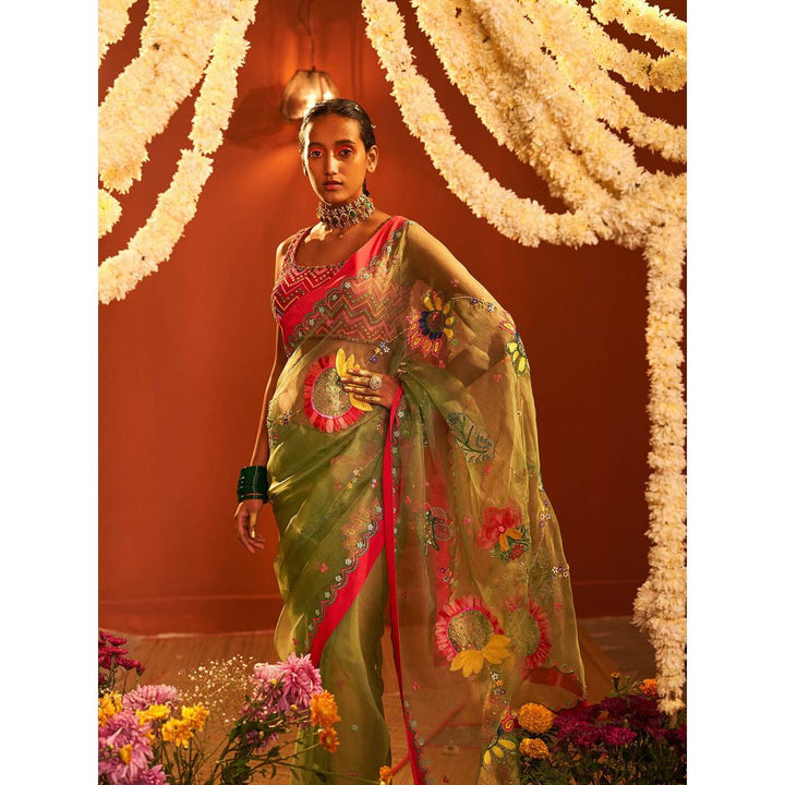 Siddhartha Bansal Sage Green Silk Organza Embroidered Saree with Stitched Blouse