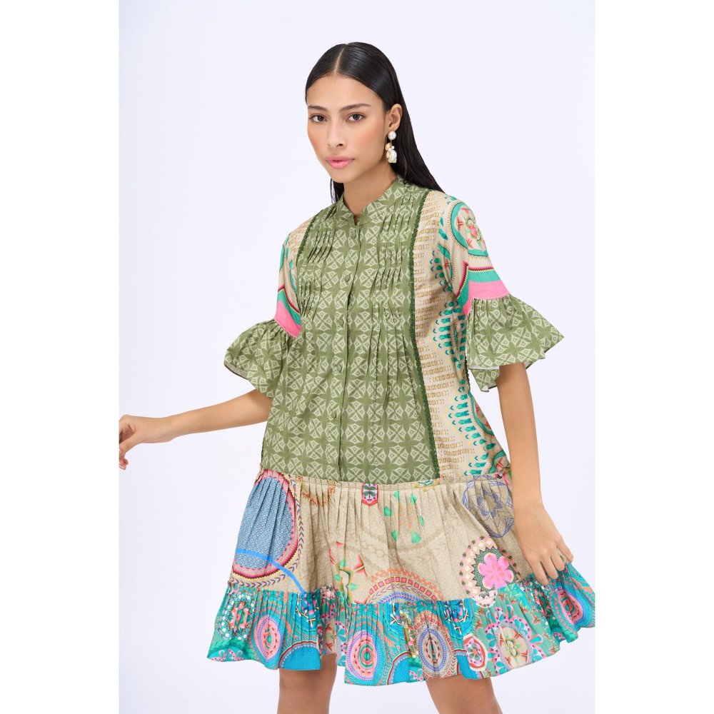 Siddhartha Bansal Green Printed Summer Time Drop Waist Dress