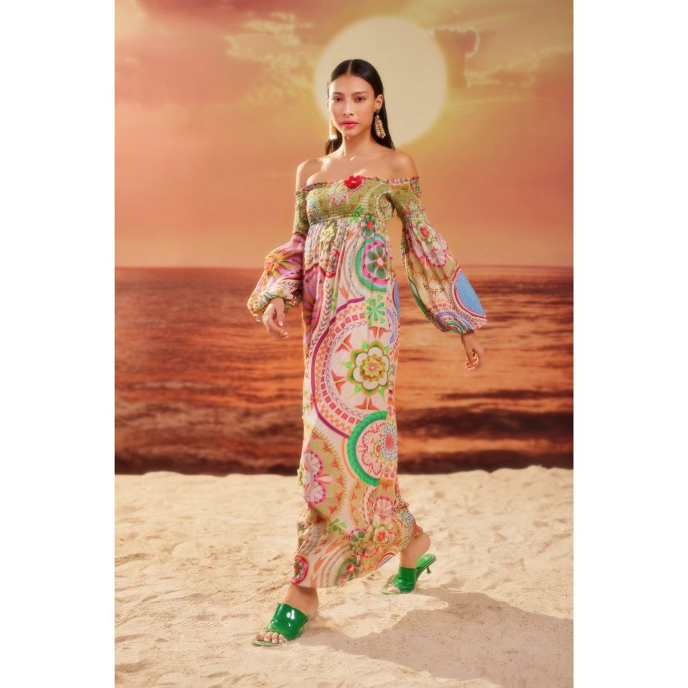 Siddhartha Bansal Multi-Colour Embroidered Hold Me Back Off Shoulder Dress