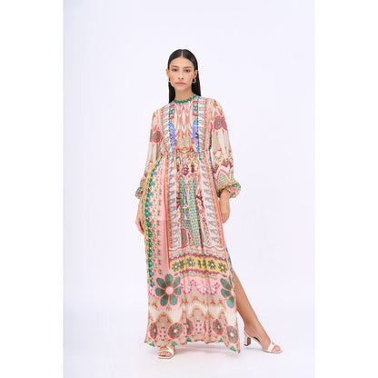 Siddhartha Bansal Beige Embroidered Dress with Belt (Set of 2)