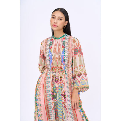 Siddhartha Bansal Beige Embroidered Dress with Belt (Set of 2)