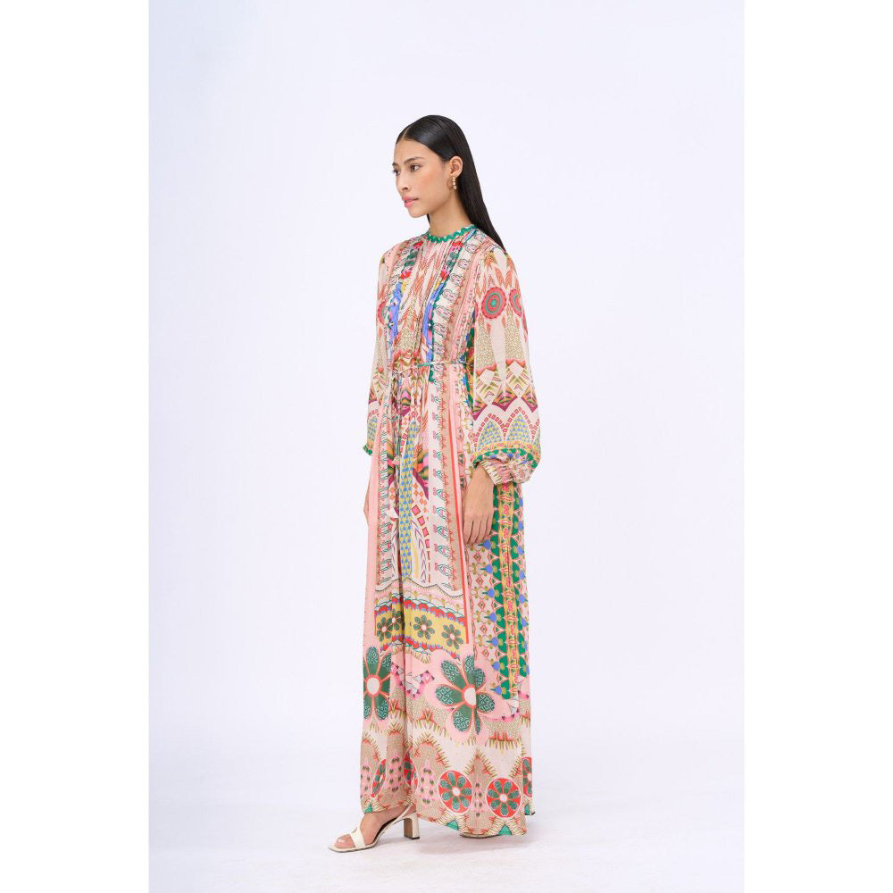 Siddhartha Bansal Beige Embroidered Dress with Belt (Set of 2)