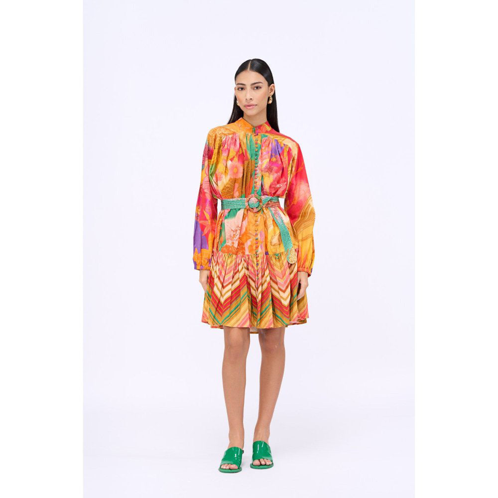 Siddhartha Bansal Multi-Colour Printed Bed Of Roses Knee Length Dress with Belt (Set of 2)