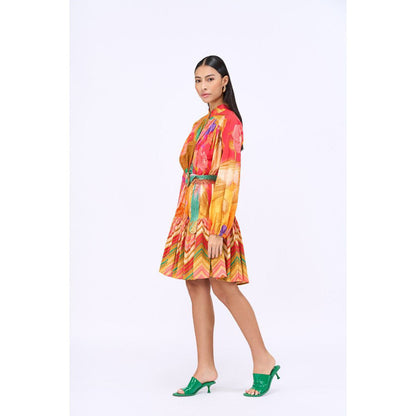 Siddhartha Bansal Multi-Colour Printed Bed Of Roses Knee Length Dress with Belt (Set of 2)