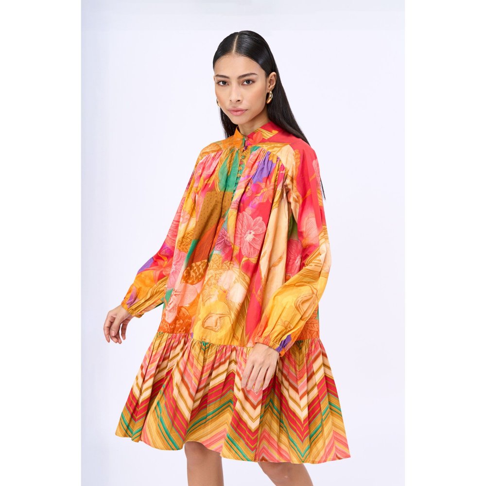 Siddhartha Bansal Multi-Colour Printed Bed Of Roses Knee Length Dress with Belt (Set of 2)