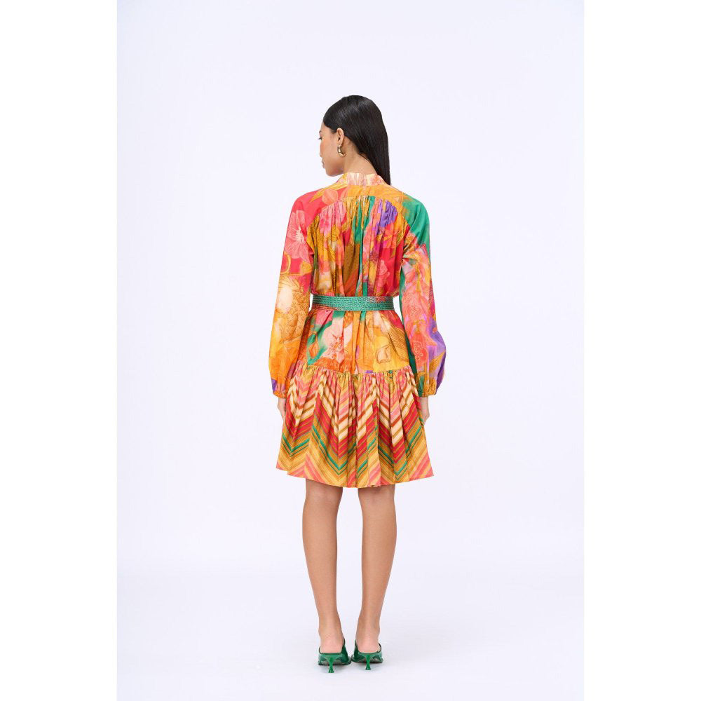 Siddhartha Bansal Multi-Colour Printed Bed Of Roses Knee Length Dress with Belt (Set of 2)