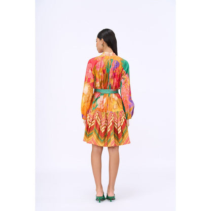 Siddhartha Bansal Multi-Colour Printed Bed Of Roses Knee Length Dress with Belt (Set of 2)