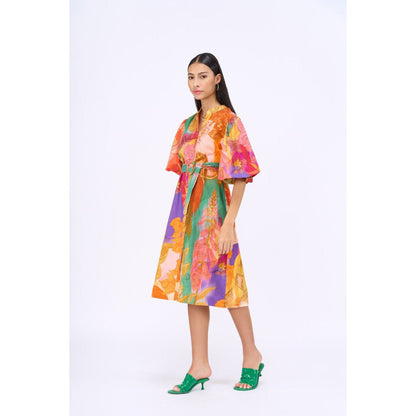 Siddhartha Bansal Multi-Colour Floral Escape Dress with Belt (Set of 2)