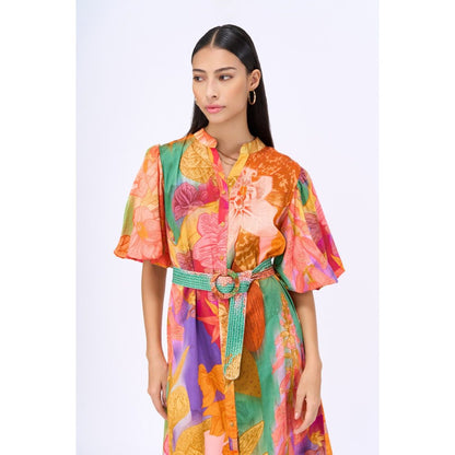 Siddhartha Bansal Multi-Colour Floral Escape Dress with Belt (Set of 2)