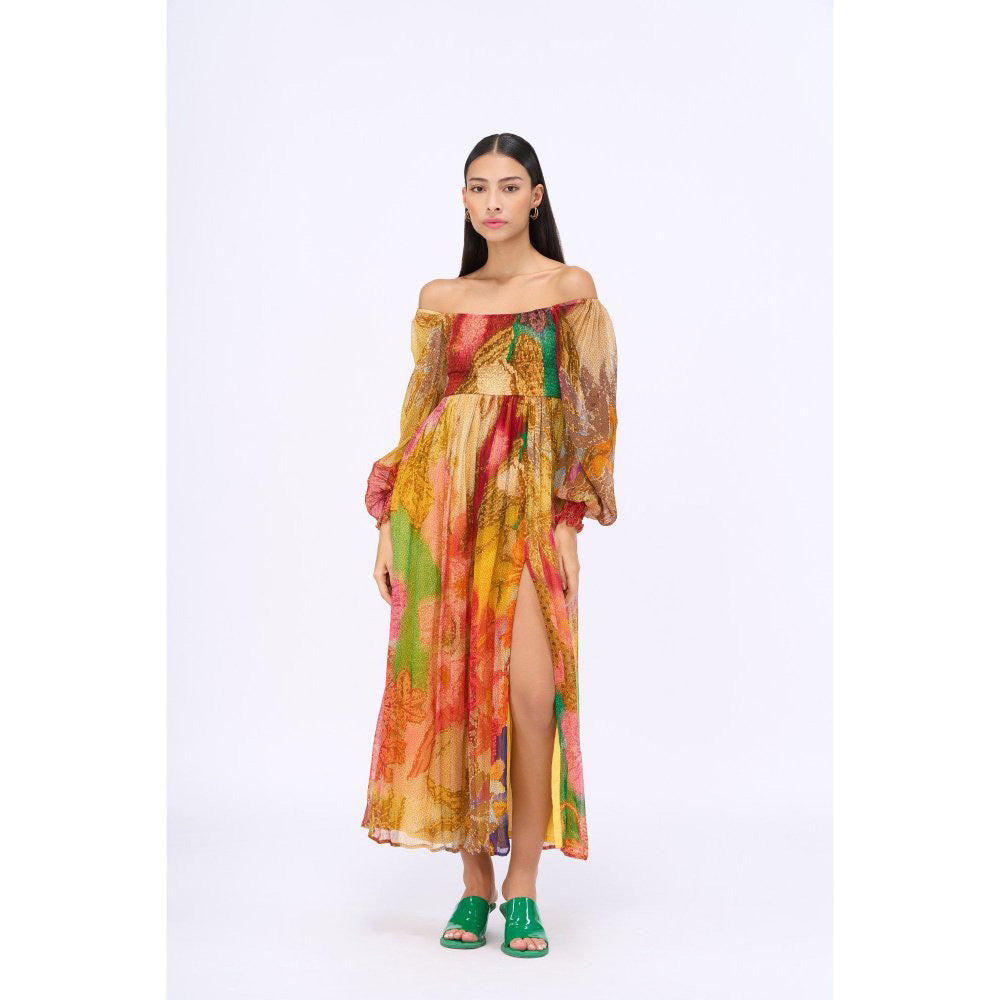 Siddhartha Bansal Multi-Colour Printed Red Velvet Dress