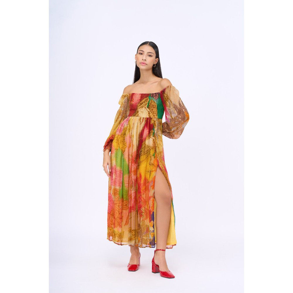 Siddhartha Bansal Multi-Colour Printed Red Velvet Dress