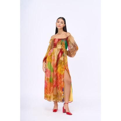 Siddhartha Bansal Multi-Colour Printed Red Velvet Dress