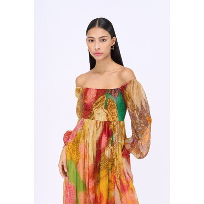 Siddhartha Bansal Multi-Colour Printed Red Velvet Dress