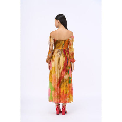 Siddhartha Bansal Multi-Colour Printed Red Velvet Dress