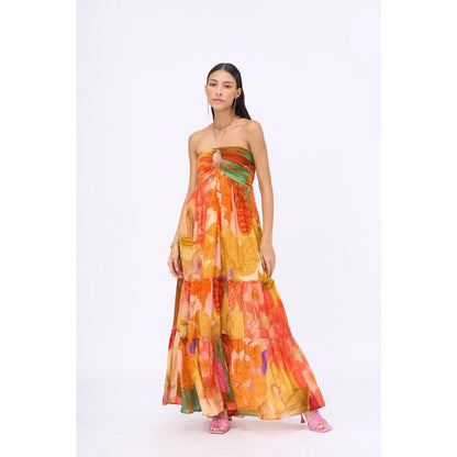 Siddhartha Bansal Orange Ruched Rosemary Maxi Dress