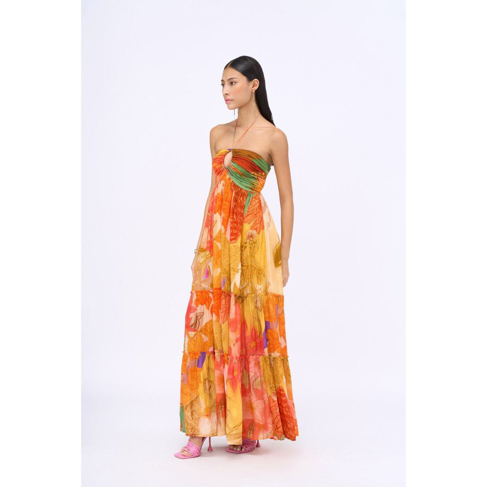 Siddhartha Bansal Orange Ruched Rosemary Maxi Dress