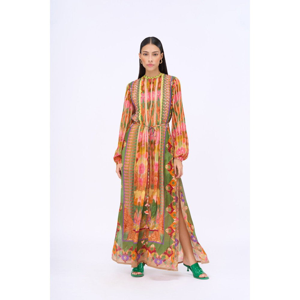 Siddhartha Bansal Multi-Colour Embroidered Kashmir Dress with Belt (Set of 2)