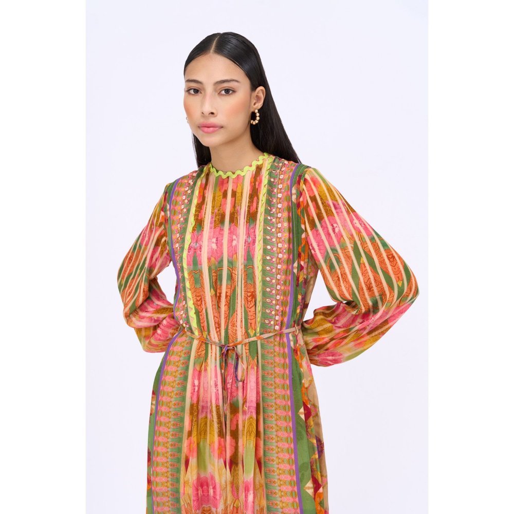 Siddhartha Bansal Multi-Colour Embroidered Kashmir Dress with Belt (Set of 2)