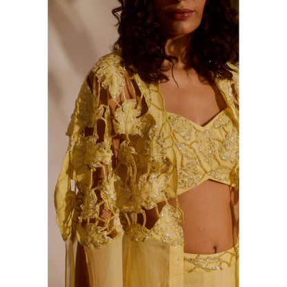 Silky Bindra Yellow Solana Cape with Bustier and Sharara (Set of 3)