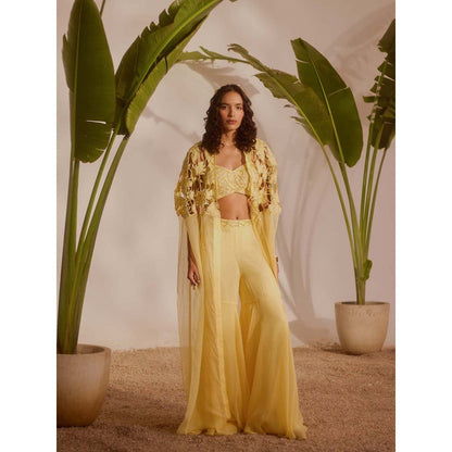 Silky Bindra Yellow Solana Cape with Bustier and Sharara (Set of 3)