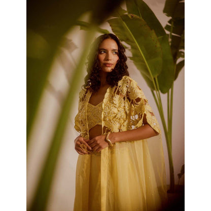 Silky Bindra Yellow Solana Cape with Bustier and Sharara (Set of 3)