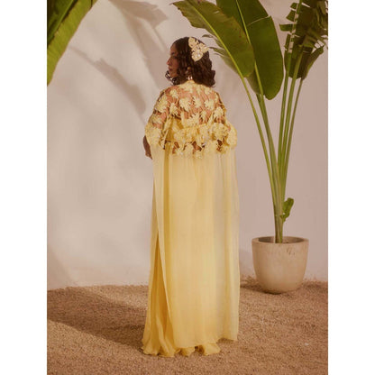 Silky Bindra Yellow Solana Cape with Bustier and Sharara (Set of 3)